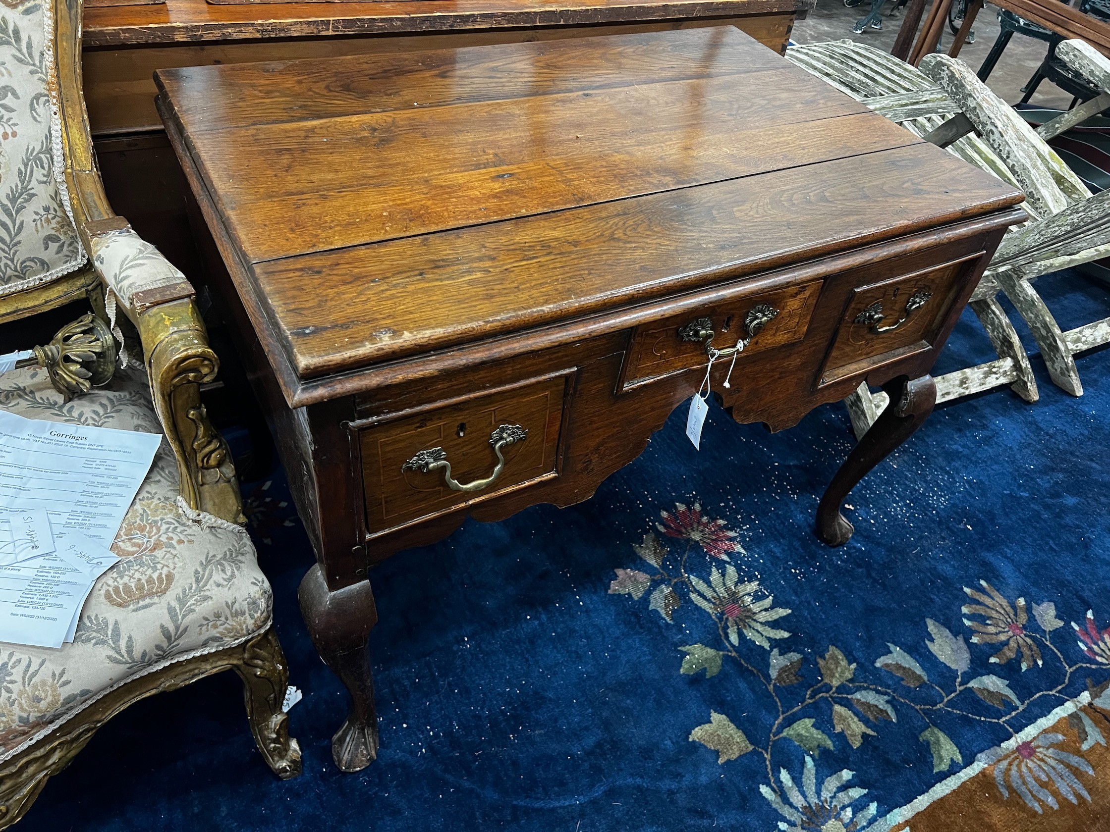 A George III and later oak kneehole table, converted from a stand, width 100cm depth 65cm height 74cm